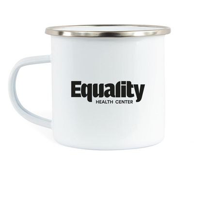Limited Edition: "Check Your Booobies" Mug, a White Enamel Camping Mug (back-view)