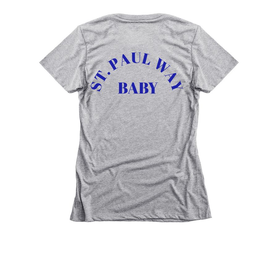 "St. Paul Way, Baby" on Back!, a Dark Heather Grey Women's Slim Fit Tee (back-view)
