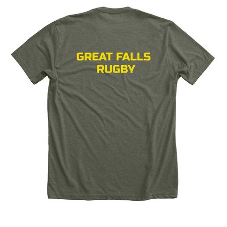 Great FALLS Rugby Gear, a Heather Military Green Premium Unisex Tee (back-view)