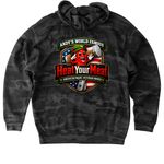 HeatYourMeat?? American Made Veteran Owned, a Black Camo Heavyweight Camo Pullover Hoodie (back-view)