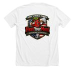 HeatYourMeat?? American Made Veteran Owned, a Solid White Blend Premium Unisex Tee (back-view)