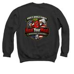 HeatYourMeat?? American Made Veteran Owned, a Black Crewneck Sweatshirt (back-view)