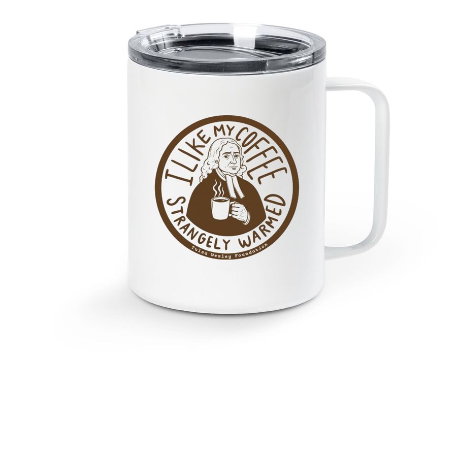 Mission Mug: Strangely Warmed, a White Stainless Steel Travel Mug