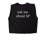 Ask me about SP!, a True Black Women's Heavyweight Garment Dye Muscle Tee (back-view)