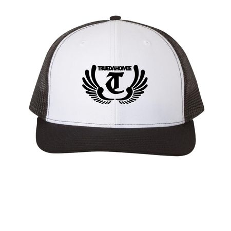 TDC? Hat, a White/Black Printed Snapback Trucker Cap