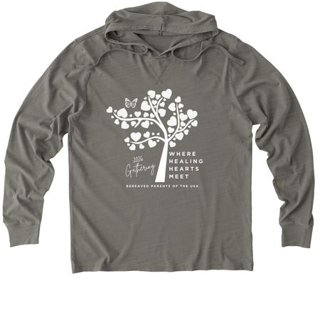 2026 National Gathering Shirts, a Driftwood Grey Allmade Organic Cotton Mineral Dye Hoodie Tee