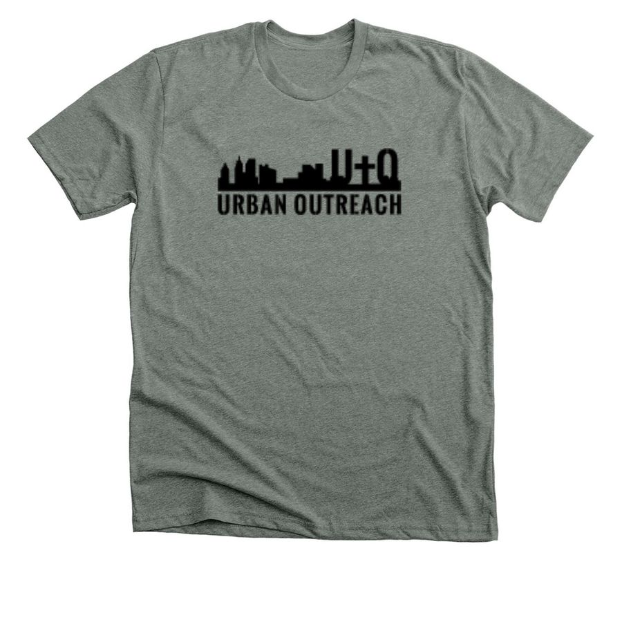 Urban Outreach/ Pump N Run on back, a Deep Heather Premium Unisex Tee