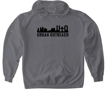 Urban Outreach/ Pump N Run on back, a Charcoal Gildan Softstyle Pullover Hoodie