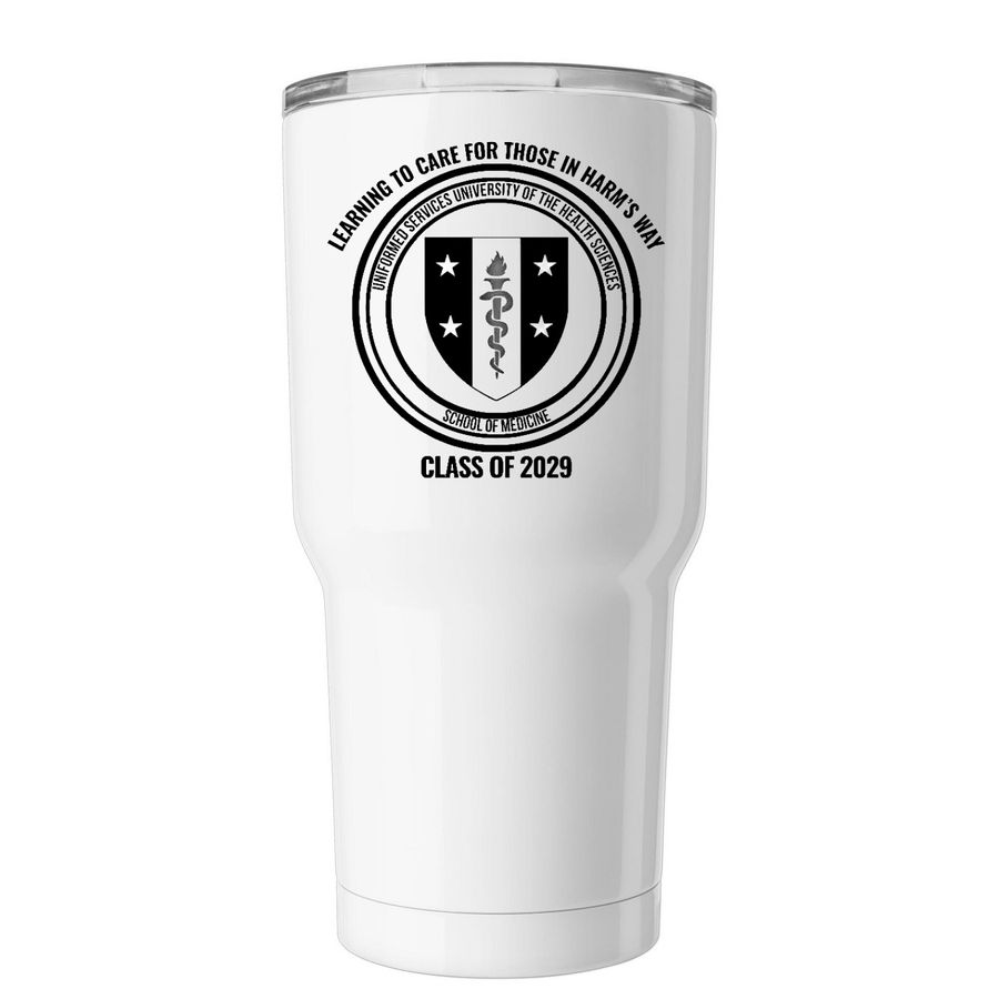 USU SOM '29 Tumblers, a White Insulated Tumbler (back-view)