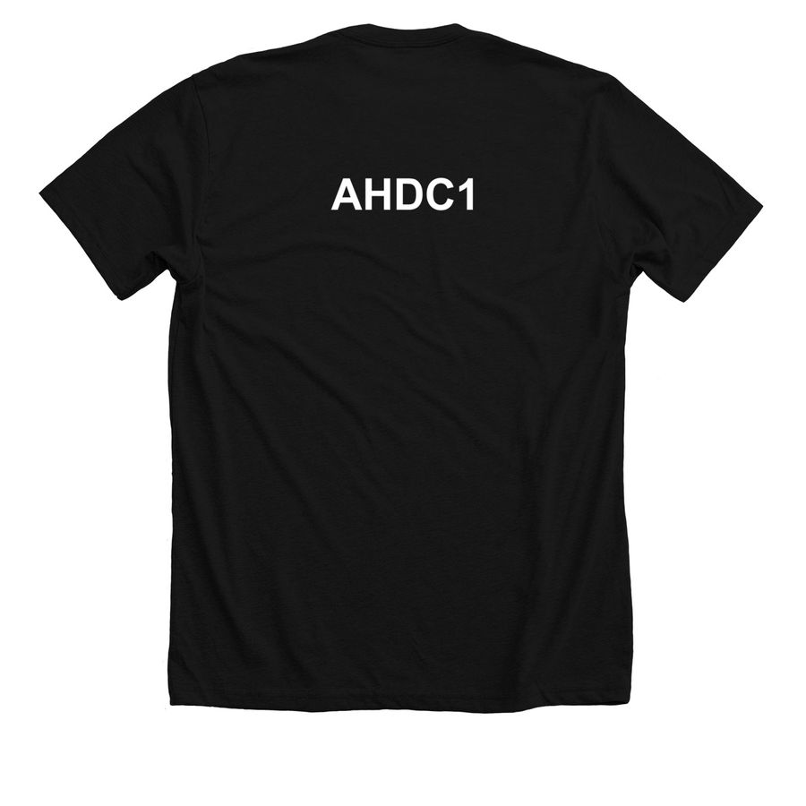 AHDC-What? Shirt, a Solid Black Blend Premium Unisex Tee (back-view)