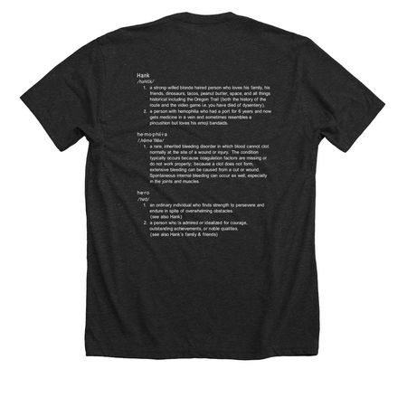 2019 Hank's Heroes Hemophilia Walk T-Shirt, a Dark Grey Heather Premium Unisex Tee (back-view)