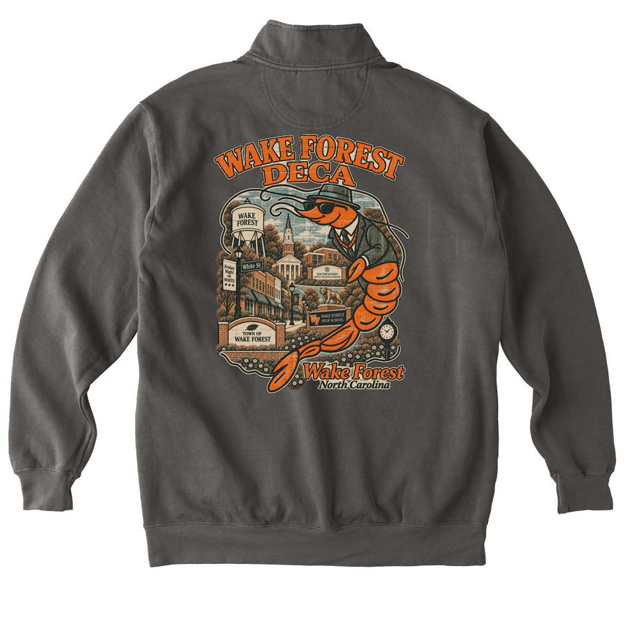 WF DECA "Pimp Shrimp" Qtr Zip, a Pepper Comfort Colors Quarter Zip Pullover (back-view)