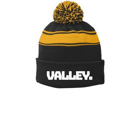 School Spirit Winter Hat, a Black/ Gold Printed Stripe Pom-Pom Beanie