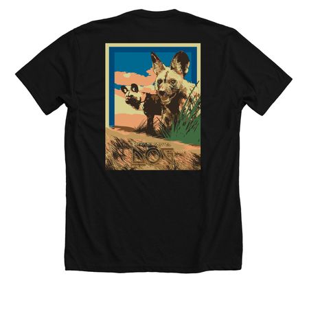 SAFE African Painted Dog w/dog poster on back, a Solid Black Blend Premium Unisex Tee (back-view)