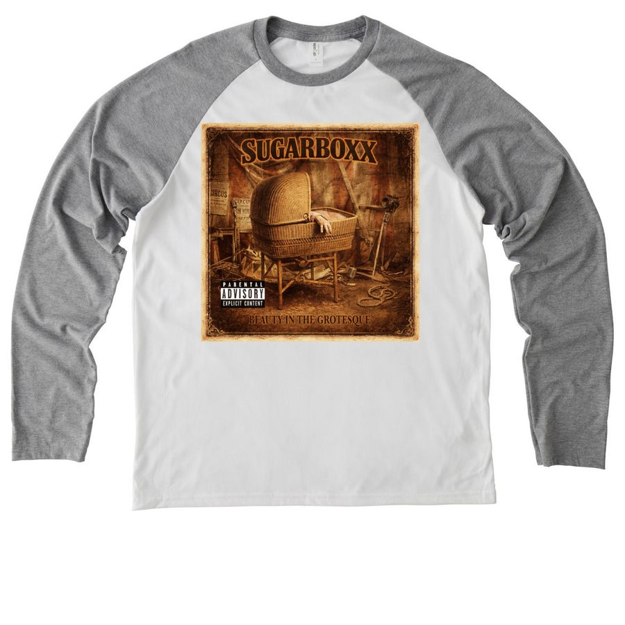 SUGARBOXX ?Beauty in the Grotesque Cover?, a Aluminum Grey/ Bright White Allmade Eco Triblend Colorblock Raglan Long Sleeve Tee