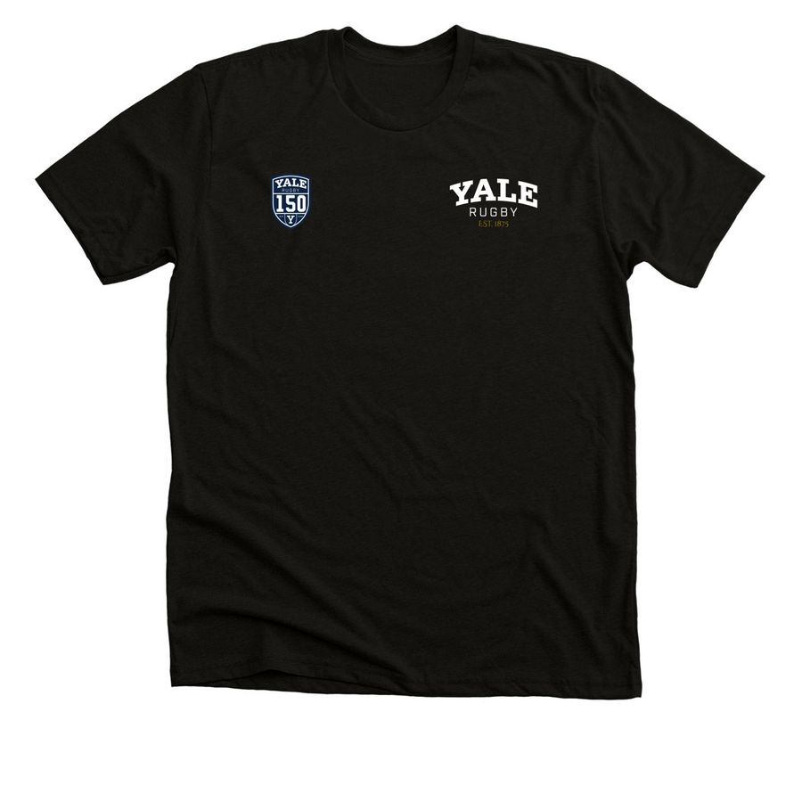 150th Shield + Yale Rugby Est 1875, a Solid Black Blend Premium Unisex Tee