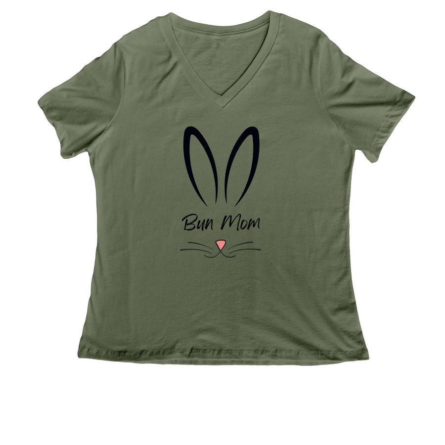 Bun Mom - Black, a Military Green Women's Relaxed V-Neck Tee