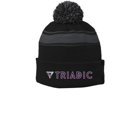 Triadic Cap Full Color Logo, a Black/ Iron Grey Printed Stripe Pom-Pom Beanie