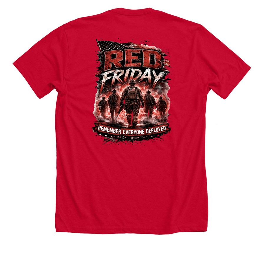 Remember Everyone Deployed&nbsp;, a Solid Red Blend Premium Unisex Tee (back-view)