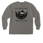 Good Things Happen Under the Covers Shirts, a Grey Comfort Colors Long Sleeve Pocket Tee (back-view)
