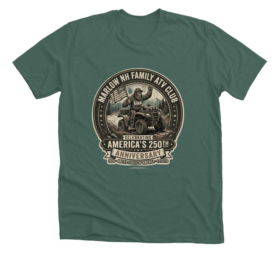 ATV Club celebrates America's 250th in Marlow, a Heather Forest Premium Unisex Tee