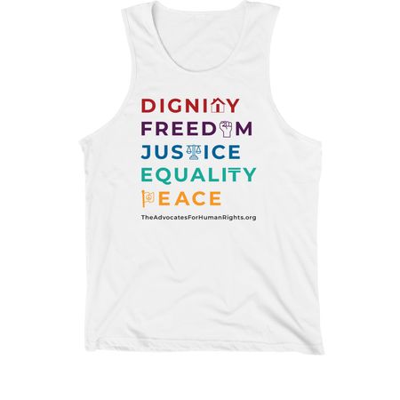 Defend Human Rights, Pride Edition, a White Premium Cotton Tank