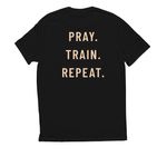 PRAY. TRAIN. REPEAT.&nbsp;, a Deep Black Allmade Eco Triblend Unisex Tee (back-view)