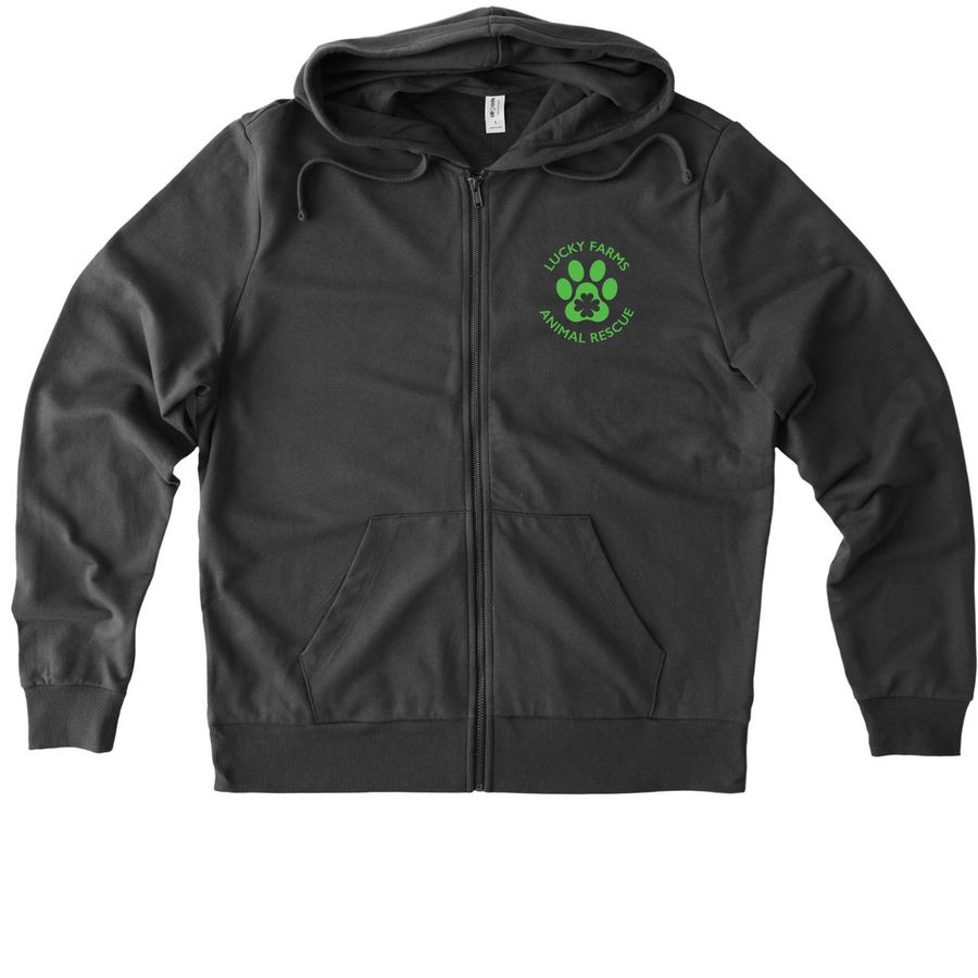 LFAR green logo, a Terrain Grey Allmade Organic French Terry Zip Up Hoodie
