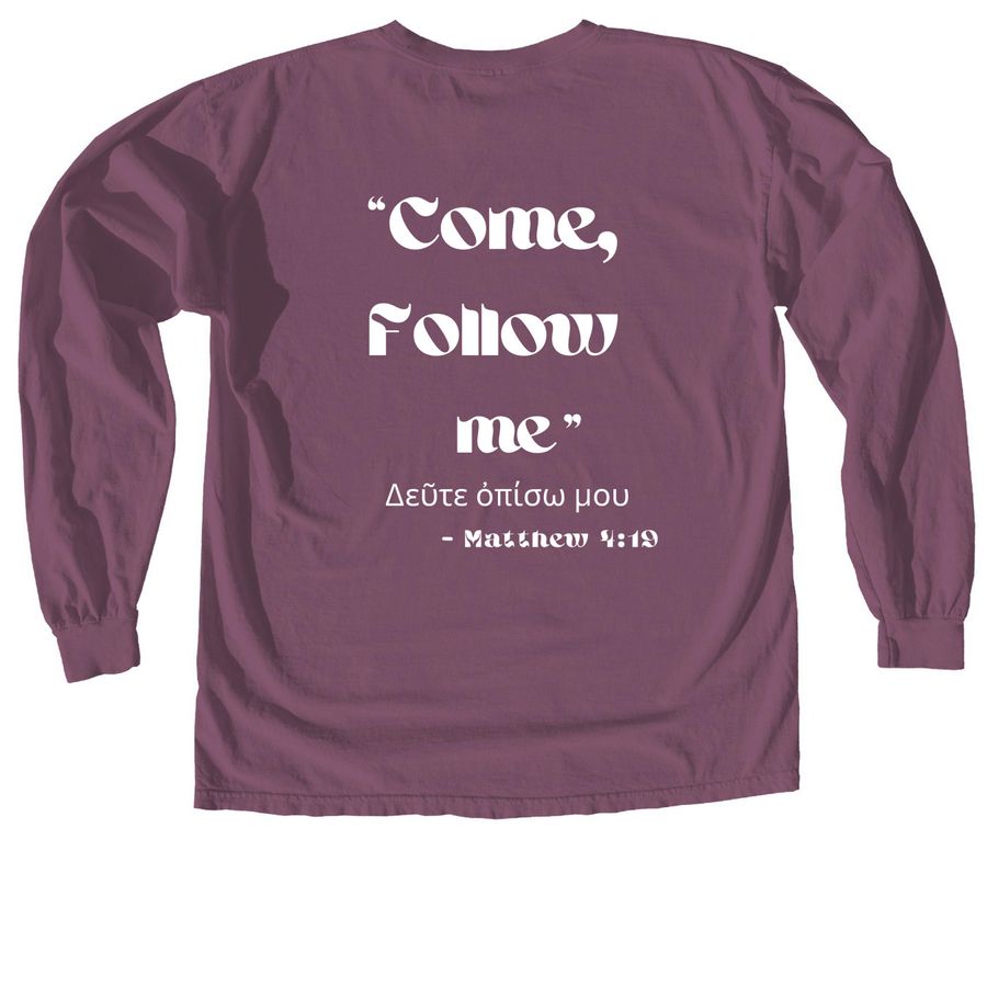 Come Follow Me (2), a Berry Comfort Colors Long Sleeve Tee (back-view)
