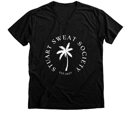 STUART SWEAT SOCIETY SIGNATURE TEE, a Black Heather Premium V-Neck Tee