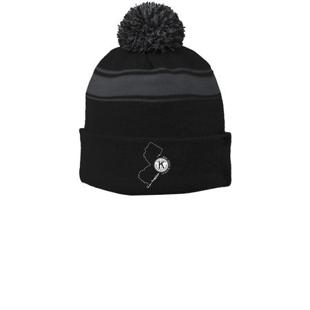 NJ Key Club Pride Hat, a Black/ Iron Grey Printed Stripe Pom-Pom Beanie