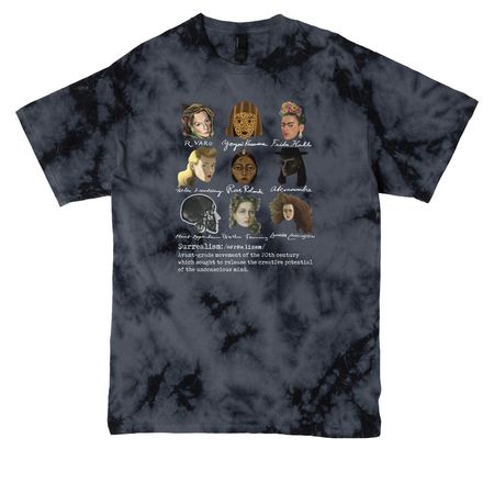 Surrealist Women Art History Top- Dark Colors, a Black Crystal Tie Dye Tee