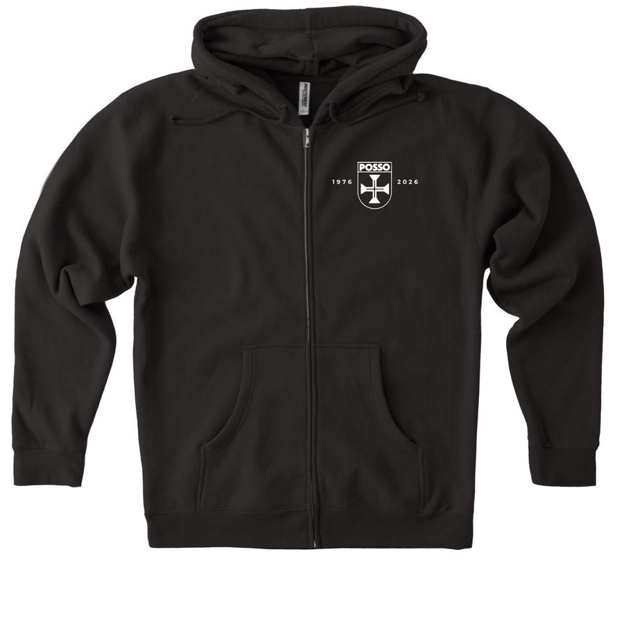 POSSO 50th Anniversary White Logo, a Black Heavyweight Zip Up Hoodie