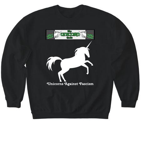 Unicorns Against Fascism, a Black Softstyle Crewneck Sweatshirt