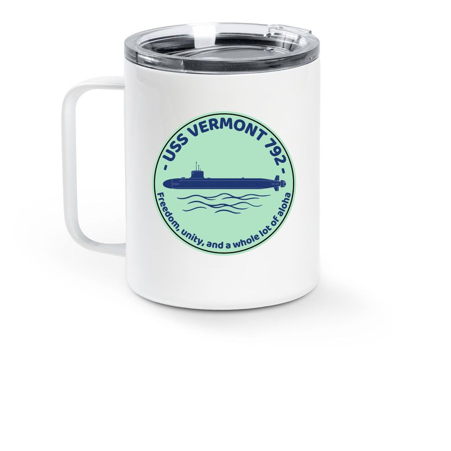 USS Vermont Aloha Travel Mug, a White Stainless Steel Travel Mug (back-view)