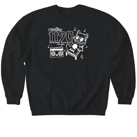 Radio 1190: Boombox Cat, a Black Softstyle Crewneck Sweatshirt