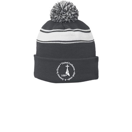 Stocking Cap, a Iron Grey/ White Printed Stripe Pom-Pom Beanie