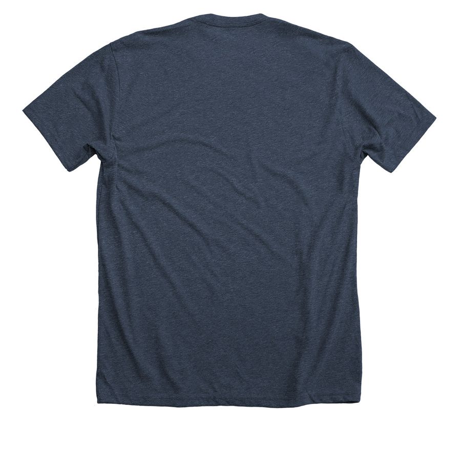 Support the Food Bank's Backpack Program, a Heather Midnight Navy Premium Unisex Tee (back-view)