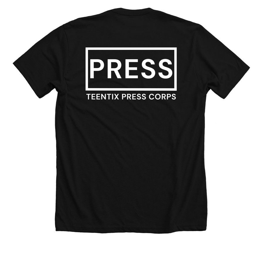 TeenTix Press Corps Press Shirt, a Solid Black Blend Premium Unisex Tee (back-view)