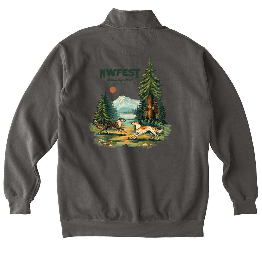 NWFest 2026 2-Sided Logo Zip Up Styles, a Pepper Comfort Colors Quarter Zip Pullover (back-view)