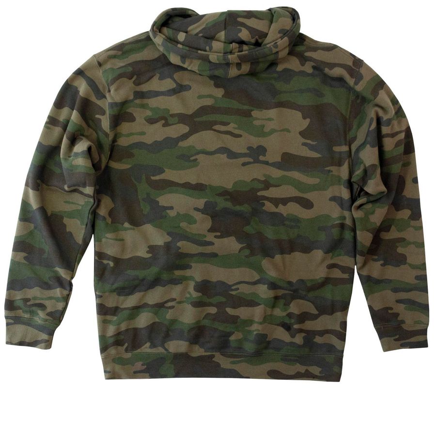 Camo Hoodie (Front logo only!), a Forest Camo Heavyweight Camo Pullover Hoodie (back-view)