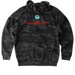 Red Dress Design by Dustin Newman, a Black Camo Heavyweight Camo Pullover Hoodie (back-view)