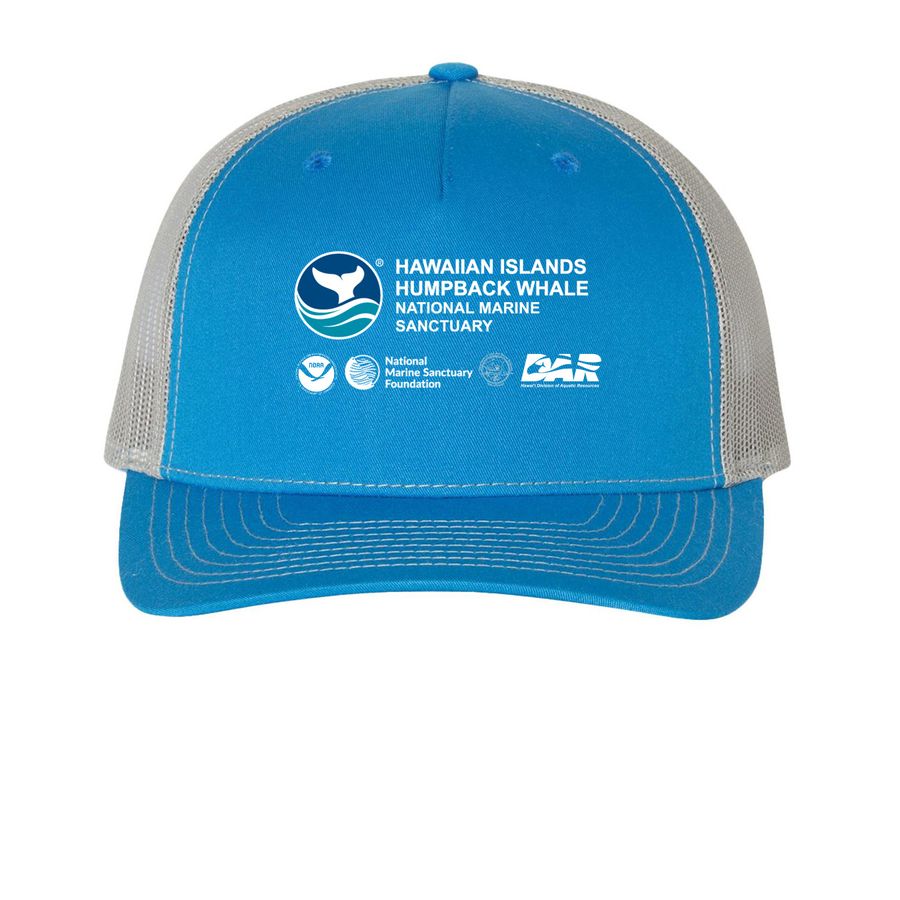 HIHWNMS Logo Hats, a Cobalt Blue/ Grey Printed Five-Panel Trucker Cap