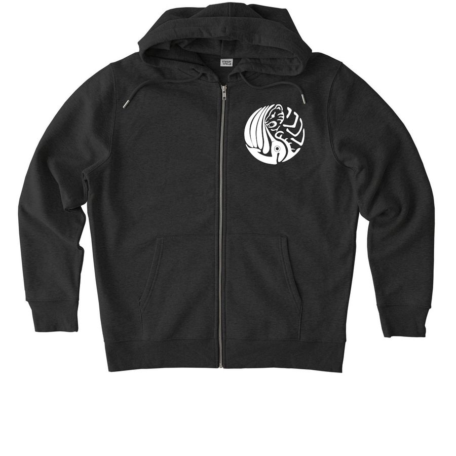 Crane Tiger Hoodie White Logo, a Dark Heather Grey Stanley/Stella Unisex Cultivator 2.0 Zip Up Pullover Hoodie