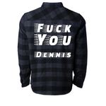 F you Dennis, a Charcoal Heather/ Black Unisex Flannel Shirt (back-view)