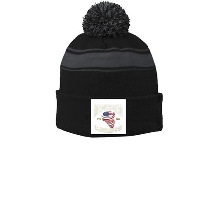 Winter hat, a Black/ Iron Grey Printed Stripe Pom-Pom Beanie