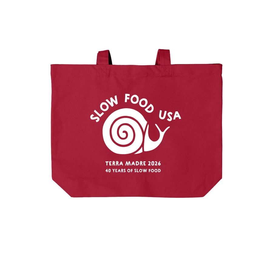 Terra Madre 2026 SFUSA Tote, a Deep Red Cotton Canvas Tote Bag