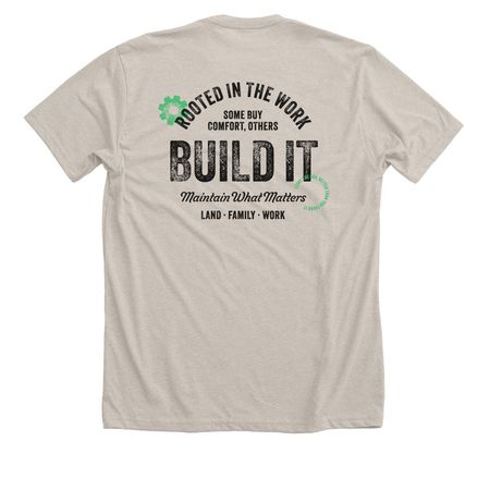 Rooted in the Work., a Heather Dust Premium Unisex Tee (back-view)