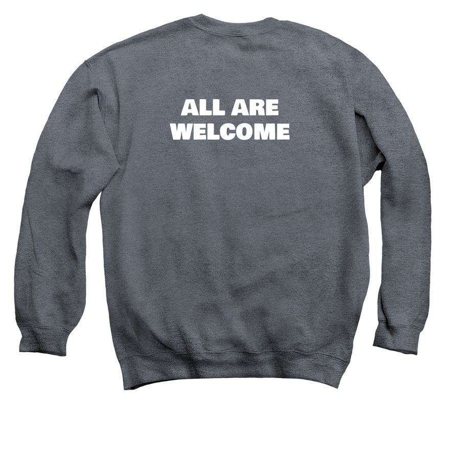 All Are Welcome - white logo, a Dark Heather Crewneck Sweatshirt (back-view)