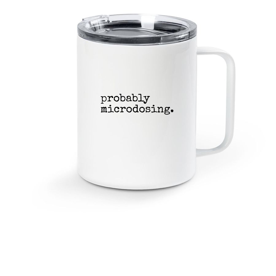 Probably Microdosing Logo Travel Mug, a White Stainless Steel Travel Mug